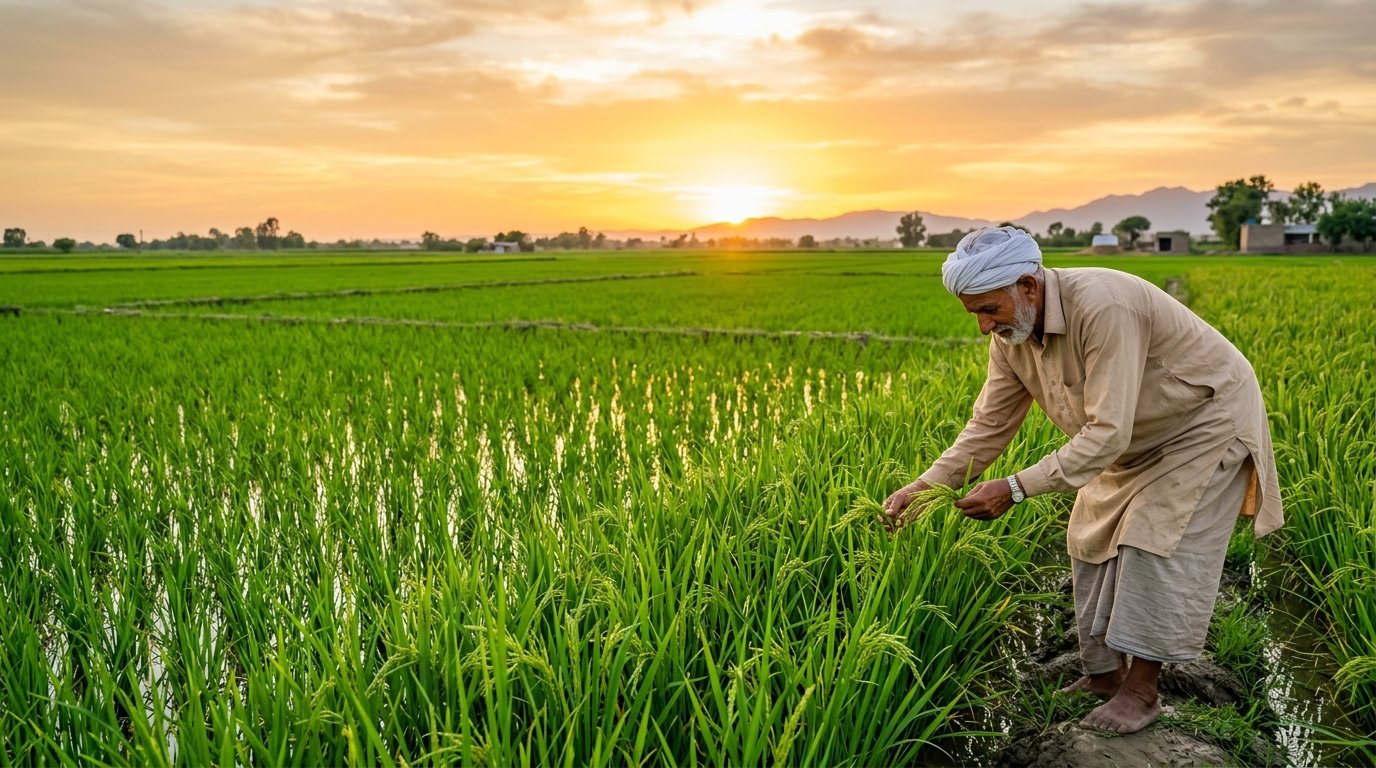 Farmer inspecting ripening rice in a Pakistani paddy field at golden hour