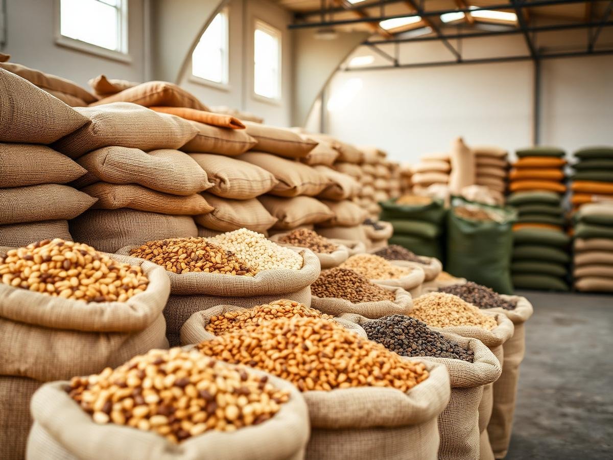 Assorted bulk agricultural commodities in an export warehouse — illustrative sourcing category